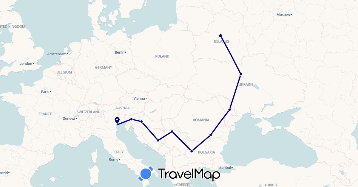 TravelMap itinerary: driving in Bosnia and Herzegovina, Bulgaria, Belarus, Croatia, Italy, Moldova, Romania, Serbia, Slovenia, Ukraine (Europe)