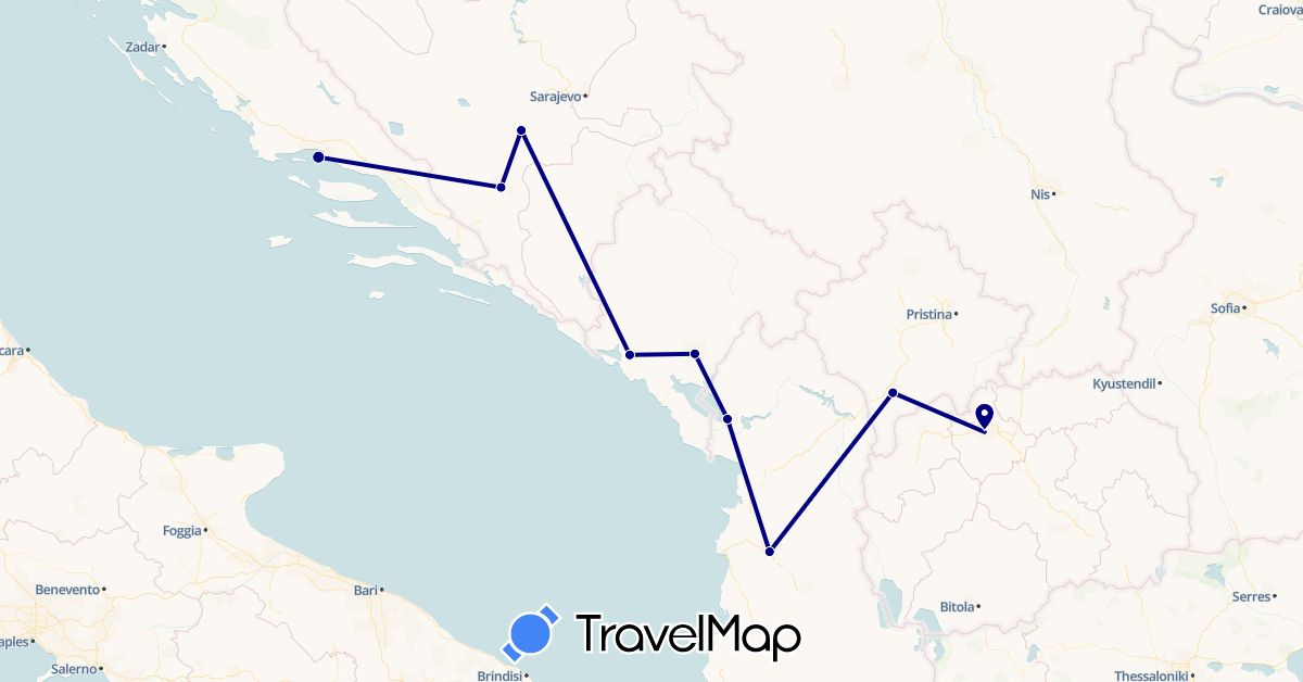 TravelMap itinerary: driving in Albania, Bosnia and Herzegovina, Croatia, Montenegro, Macedonia (Europe)